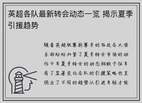 英超各队最新转会动态一览 揭示夏季引援趋势 英超各队最新转会动态一览 揭示夏季引援趋势
